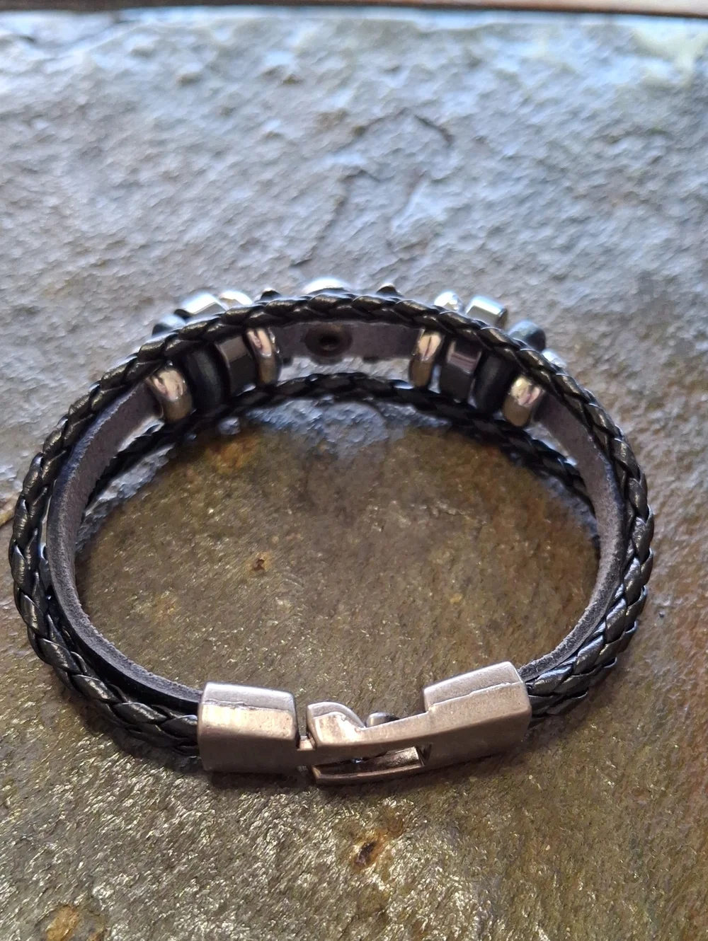 Black Leather Skull Bracelet with Metal Beads